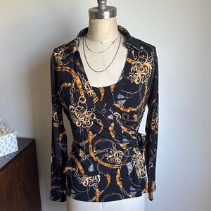 Cache Black Long-Sleeve Chain-Print Wrap Top